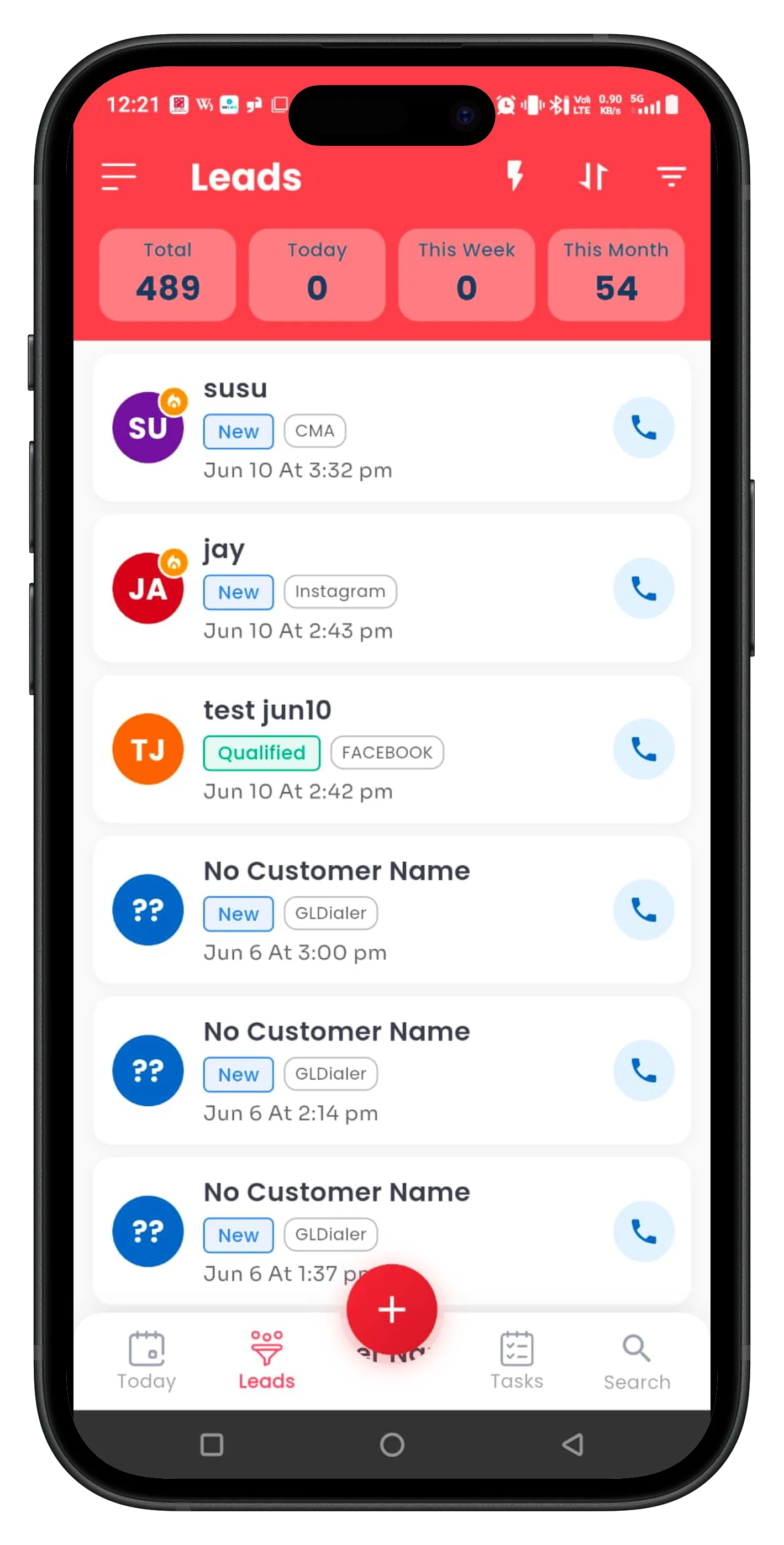 Getlead CRM mobile app showing the sales dashboard with collaboration and quick-call actions