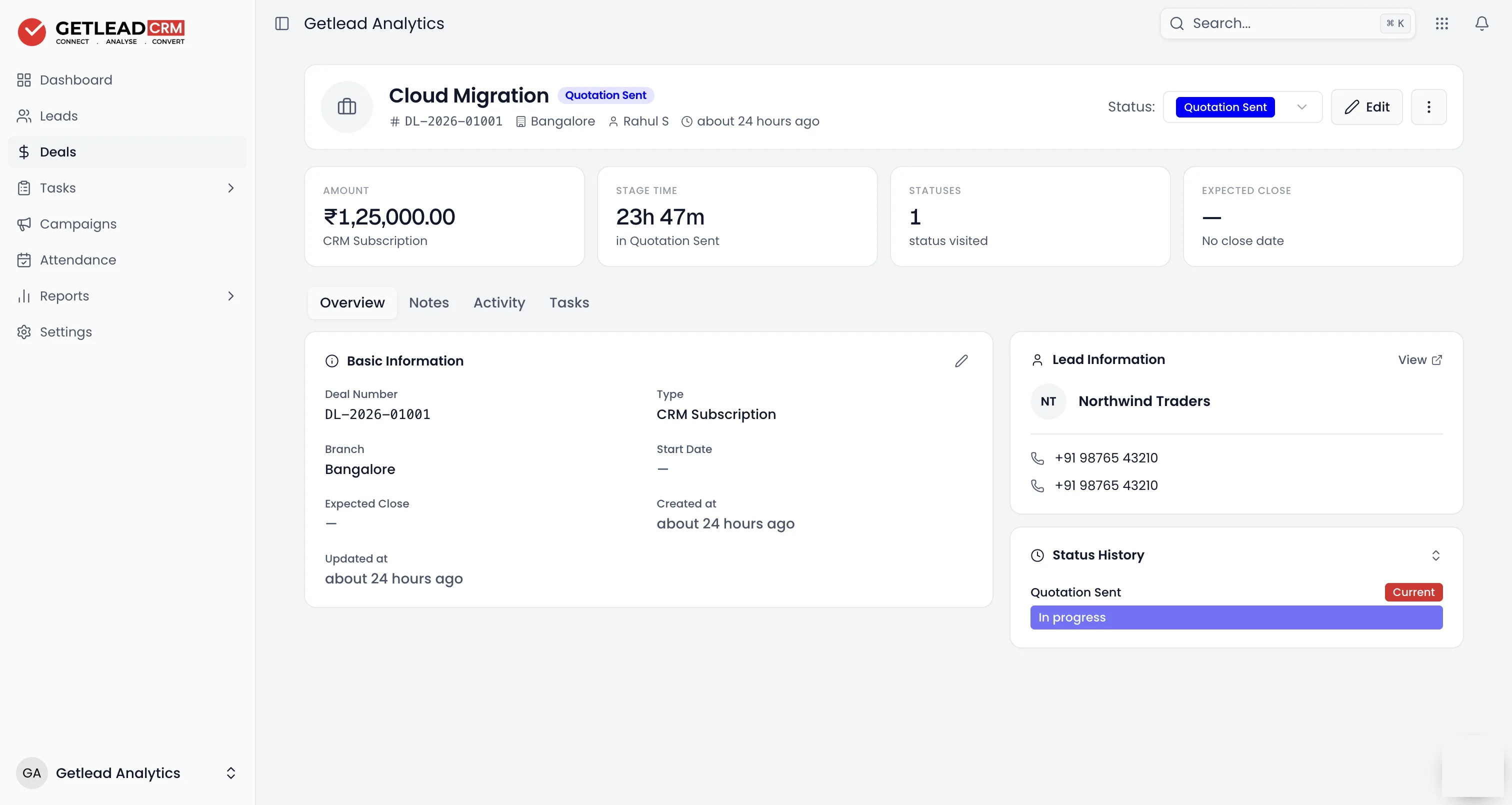 A Getlead deal record showing its value, how long it has sat in the current stage and its full status history