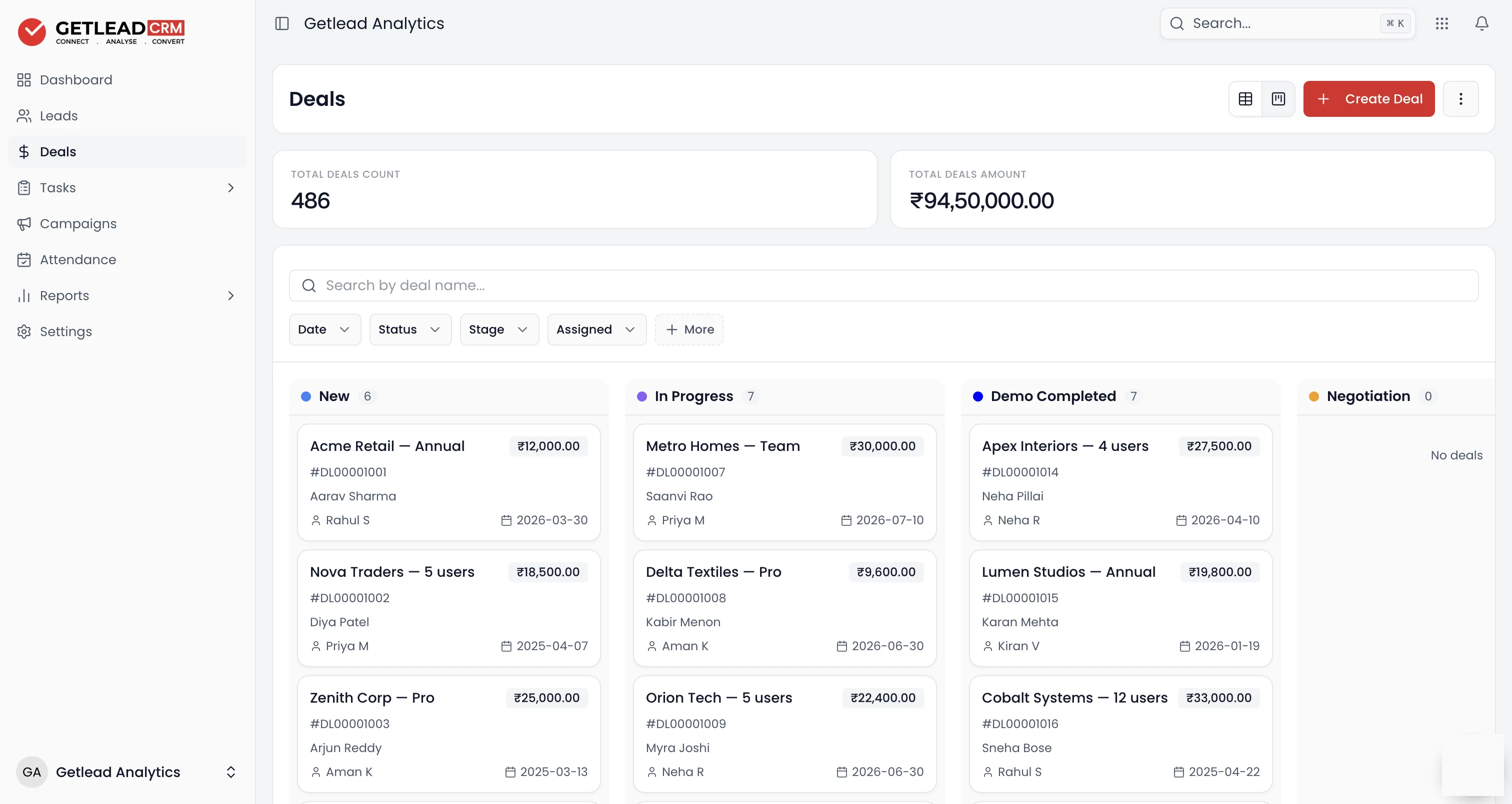 Getlead deal pipeline board with stages, deal values and owners on every card