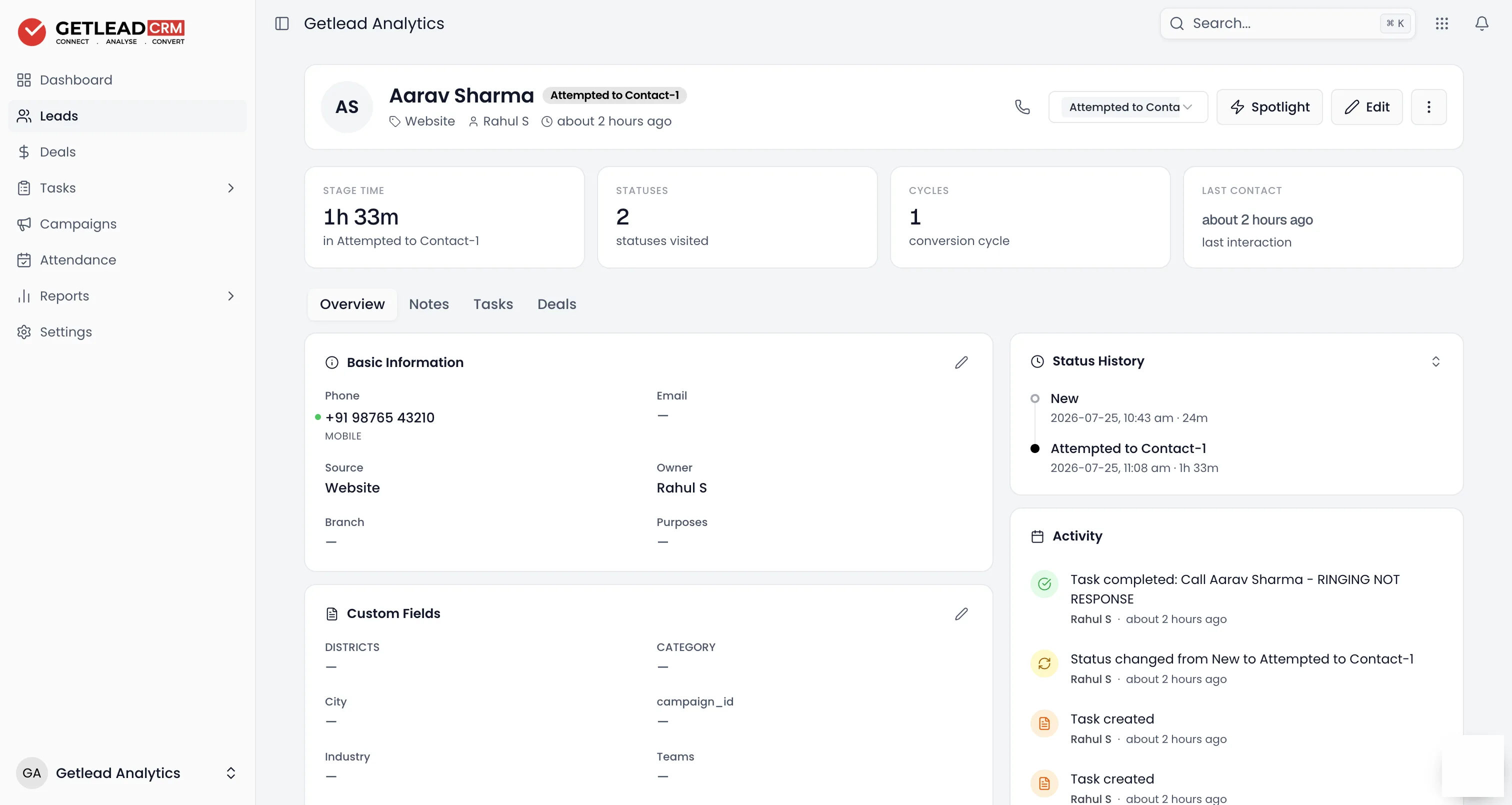A Getlead contact record with its status, source, owner and the activity logged against it