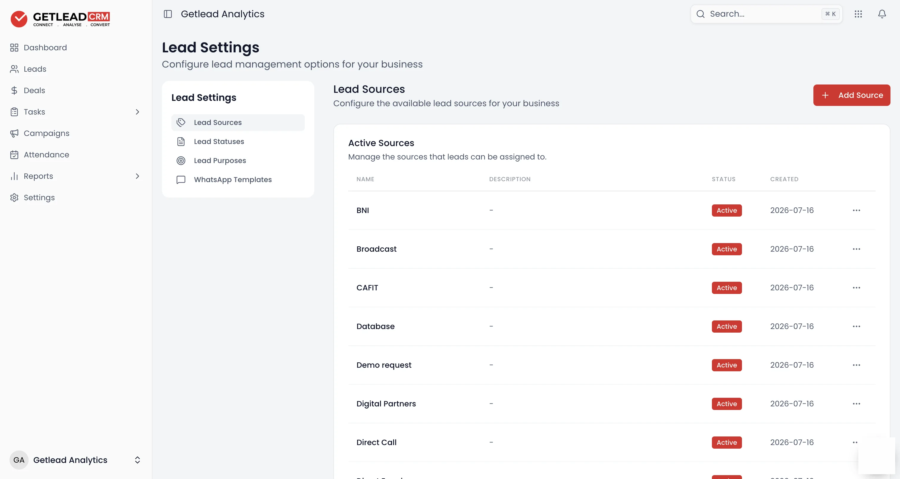 Getlead lead settings listing every lead source configured for the business