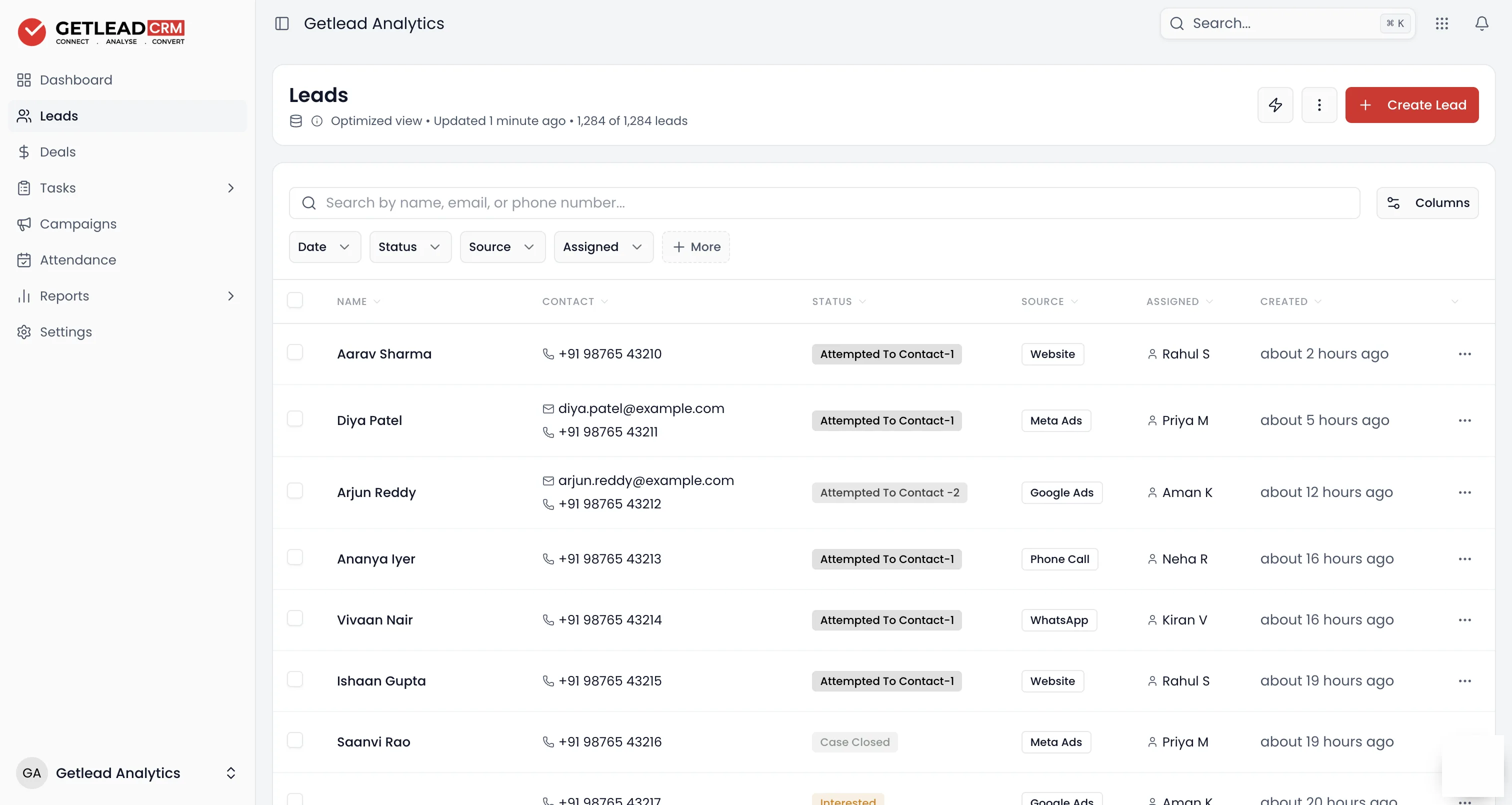 Getlead lead queue listing every enquiry with its source, owner, status and age